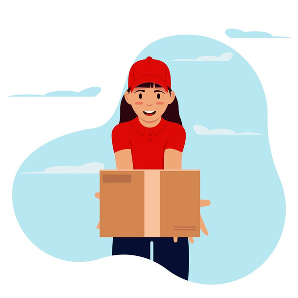 Corriere ragazza in uniforme rossa consegna scatola di cartone pacco - Vettoriali, immagini