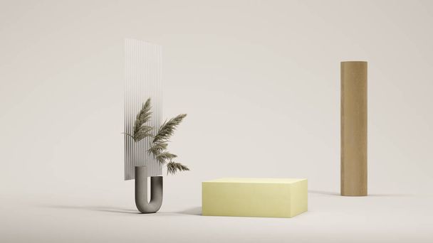 Yellow square podium display near plant and glass on bright yellow background. Minimal design. 3d rendering. - Zdjęcie, obraz