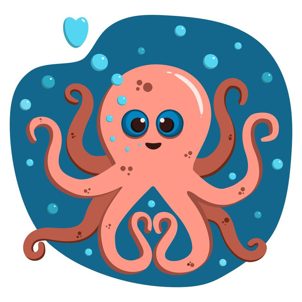 Cute love octopus. Flat vector illustration. Funny cartoon print. Happy character and bubbles. - Vektor, kép