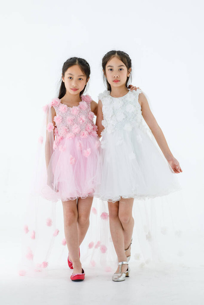 Portré elszigetelt stúdió lövés két kis ázsiai balerina gyerekek rózsaszín és fehér gyönyörű rózsa virágok balett ruha piros cipő és magas sarkú mosoly néz kamera együtt. - Fotó, kép