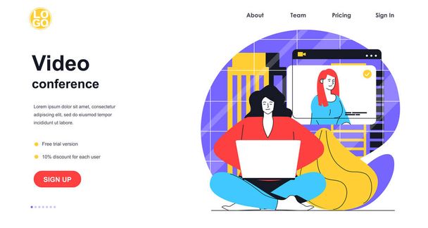Video conference web banner concept. Woman makes video call using laptop. Online communication with friends and colleagues landing page template. Vector illustration with people scene in flat design - Vector, Image