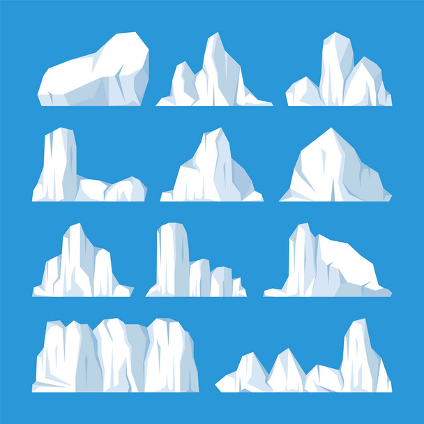 浮遊氷山コレクション。北極の氷河、凍った海の水のブロックを漂流。雪の氷の山。氷のピークを溶かす。南極の雪景色。南極点と北極点。ベクターイラスト. - ベクター画像