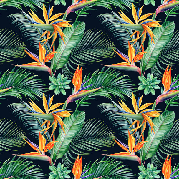 Tropik çiçekler, palmiye yaprakları. Egzotik bitkiler pürüzsüz desen, suluboya botanik resim, dijital kağıt - Fotoğraf, Görsel