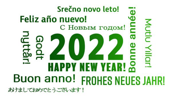 ilustración de una nube de palabras con el mensaje feliz año nuevo en verde sobre fondo blanco y en diferentes idiomas - representa el nuevo año 2022 - Foto, imagen