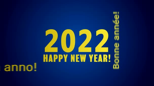 Animation vidéo d'un nuage de mots avec le message bonne année en or sur fond bleu et dans différentes langues - représente la nouvelle année 2022 - Séquence, vidéo