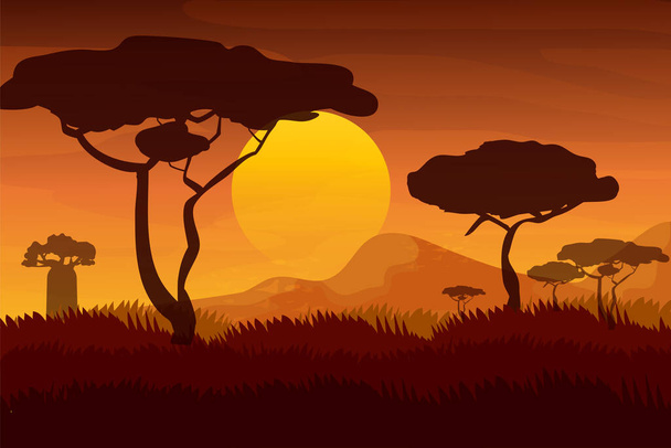 Paisagem africana, pôr do sol em Savannah em estilo cartoon. Noite com silhueta de árvores da selva e montanhas no horizonte - Vetor, Imagem