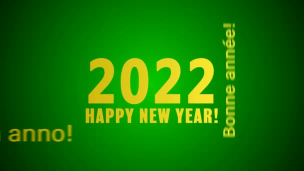 Videoanimation einer Wortwolke mit der Botschaft Frohes neues Jahr in Gold auf grünem Hintergrund und in verschiedenen Sprachen - repräsentiert das neue Jahr 2022 - Filmmaterial, Video