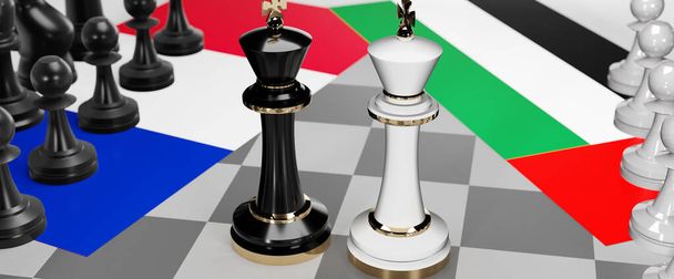 Γαλλία και Ηνωμένα Αραβικά Εμιράτα - συνομιλίες, συζήτηση ή διάλογος μεταξύ αυτών των δύο χωρών που παρουσιάζονται ως δύο βασιλιάδες σκάκι με εθνικές σημαίες που συμβολίζουν λεπτή τέχνη της διπλωματίας, 3D εικονογράφηση - Φωτογραφία, εικόνα