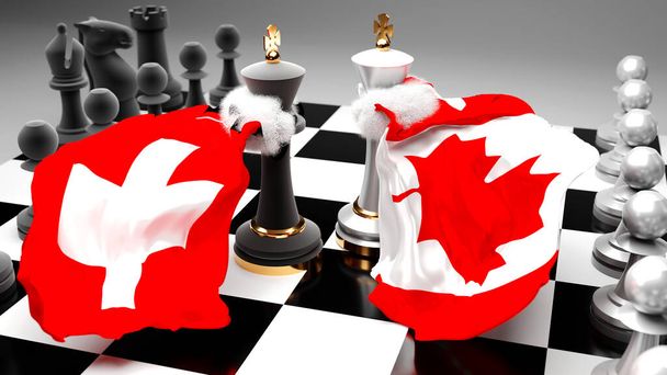 Suiza Canadá crisis, choque, conflicto y debate entre esos dos países que apunta a un acuerdo comercial o dominación simbolizado por un juego de ajedrez con banderas nacionales, ilustración 3d - Foto, Imagen