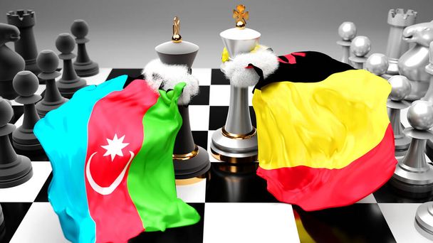 Azerbaiyán Bélgica crisis, choque, conflicto y debate entre esos dos países que tiene como objetivo un acuerdo comercial o dominio simbolizado por un juego de ajedrez con banderas nacionales, 3d ilustración - Foto, Imagen