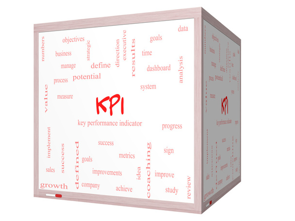 Concetto KPI Word Cloud su una lavagna a cubo 3D
 - Foto, immagini