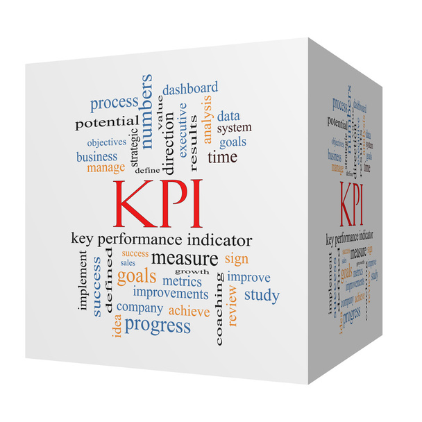 έννοια σύννεφο λέξη KPI για ένα 3d κύβος - Φωτογραφία, εικόνα