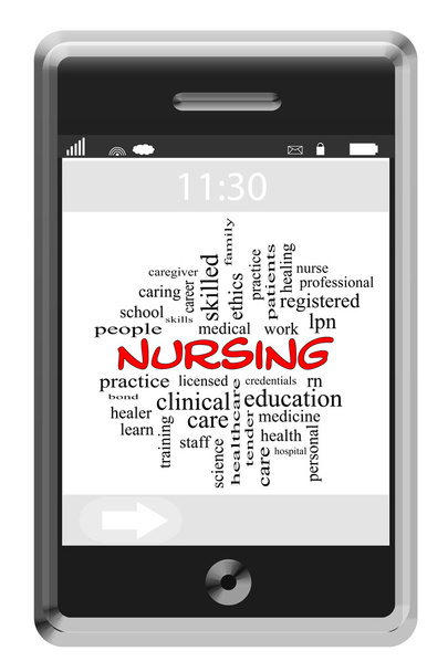 Concetto di infermieristica Word Cloud su un telefono touchscreen
 - Foto, immagini