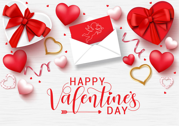 Valentines day vector background template. Happy valentines day greeting typography with valentine elements of letter, gifts, hearts and confetti in white wood texture background. Vector illustration 3d realistic.  - Vector, Image