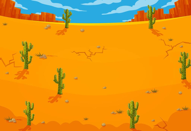Rajzfilm mexikói sivatag táj játék háttér kaktuszok, hegyek vagy kanyon sziklák, felhők az égen, repedések szárított talaj és a sziklák. Nyugati játék környezet, Mexikó vagy Texas természet háttér - Vektor, kép