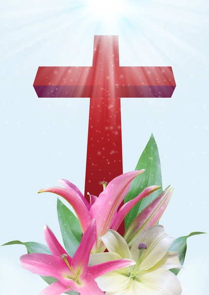 християнський хрест і лілії квітка - Фото, зображення