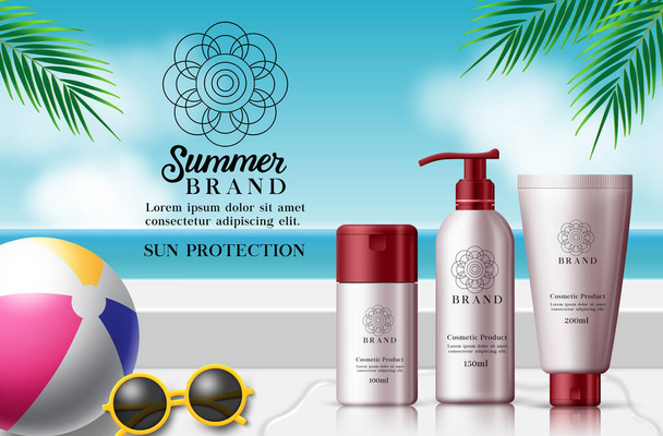 Summer cosmetic mock up products vector template. Summer cosmetic bottles skin care ads with beach elements like beach ball, shades and palm leaves in outdoor beach background design. Vector illustration  - Vector, Image