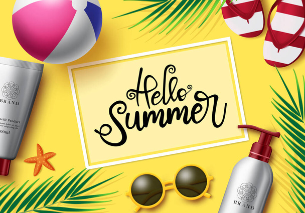 Hello summer text vector concept design. Summer greeting text with summer elements like beach ball, shades, seashell, fit flop, palm leaves and sun protection skin care bottles in yellow background design. Vector illustration  - Vector, Image