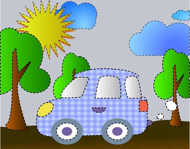 Illustration einer Maschine, die im Wald fährt. Kind - Vektor, Bild