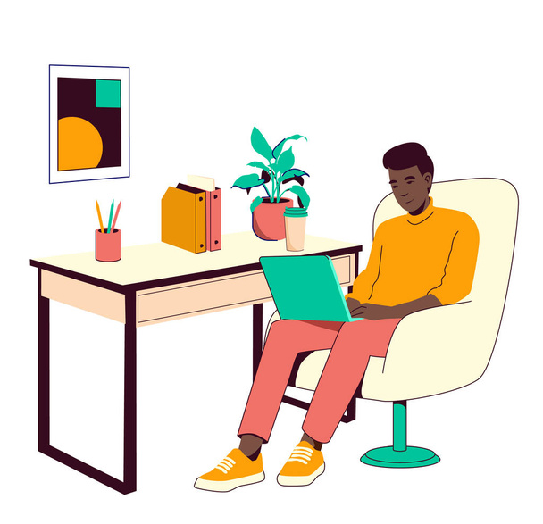 Een jonge zwarte man werkt op een laptop in een fauteuil op kantoor. Werk vanuit huis concept. Freelance. Rood, geel, groene kleuren - Vector, afbeelding