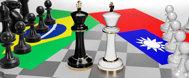 Brasil y Taiwán - charlas, debate, diálogo o confrontación entre esos dos países mostrados como dos reyes de ajedrez con banderas que simbolizan el arte de las reuniones y negociaciones, ilustración 3d - Foto, Imagen