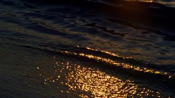 Ciemny ocean wody łamanie piaszczystej plaży w wieczór zachód słońca. Spokojne fale morskie - Materiał filmowy, wideo