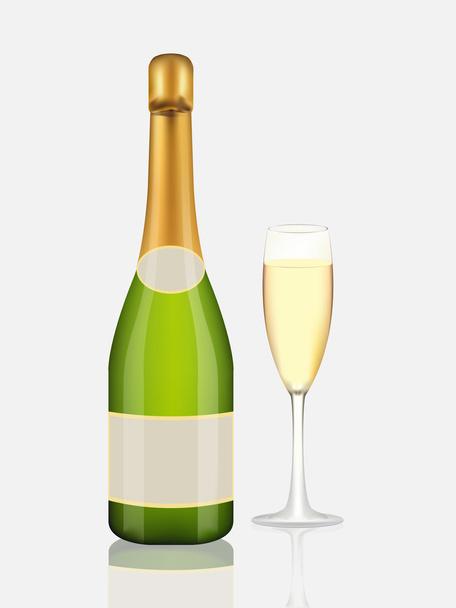 Бутылка шампанского и бокал шампанского на белом
 - Вектор,изображение