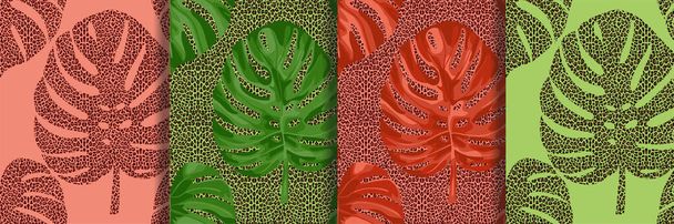 Leaves of tropical plants with leopard print seamless patterns set - Vector, imagen