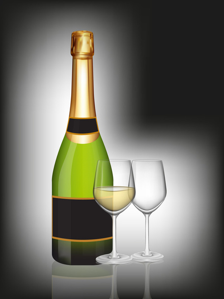 Зеленая бутылка шампанского и два бокала шампанского на черном
 - Вектор,изображение