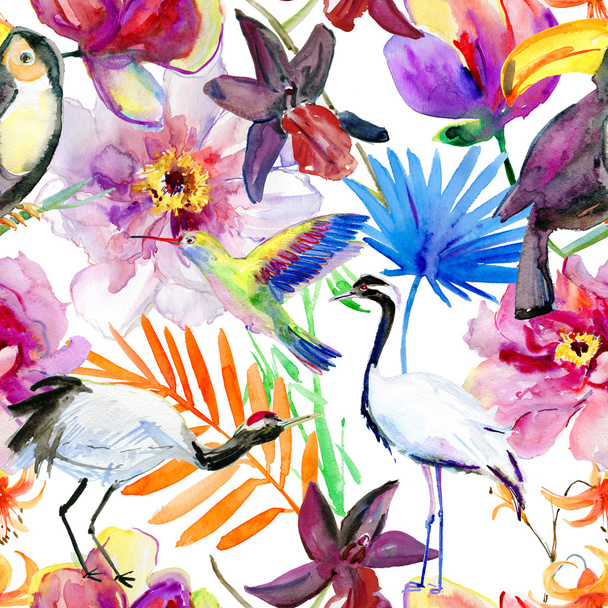 Seamless pattern with flowers and birds - Photo, Image