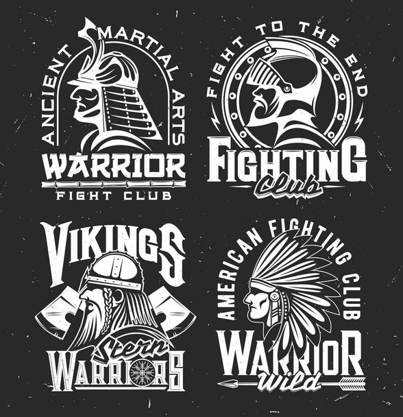 Tshirt print with ancient warriors, vector mascot for fight club apparel design. Viking, indian chef samurai and medieval knight isolated monochrome labels with typography, t shirt prints, emblems set - Vector, Image