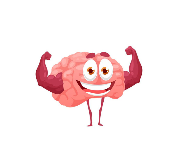Poder cerebral, órgano humano mostrando un fuerte carácter cómico aislado del bíceps. Entrenamiento de memoria vectorial, intelecto y actividades intelectuales de la mente. Mente fuerte haciendo ejercicios en el gimnasio, salud mental - Vector, Imagen