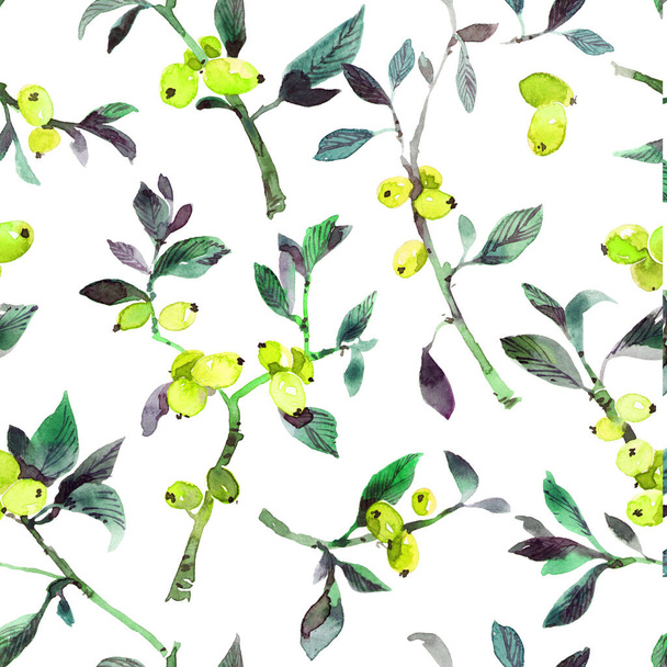 Акварельная ботаническая иллюстрация веток с желтыми ягодами на белом фоне. Бесшовный рисунок. - Фото, изображение