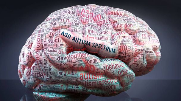 Asd spektrum autyzmu w ludzkim mózgu, setki terminów związanych z Asd spektrum autyzmu projektowane na korę mózgową, aby pokazać szeroki zakres tego stanu, 3D ilustracji - Zdjęcie, obraz