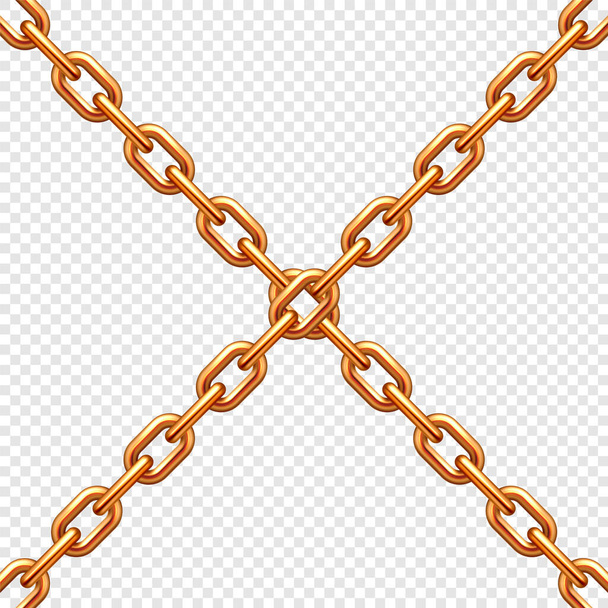 Realistyczne krzyżowanie łańcuchów metalowych z brązowymi ogniwami na przezroczystym tle. Ilustracja wektora. - Wektor, obraz