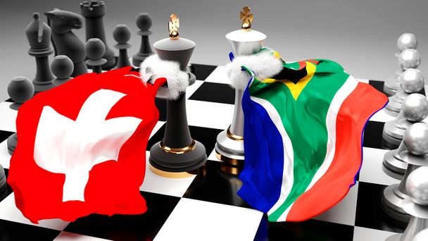 Suiza Sudáfrica crisis, choque, conflicto y debate entre esos dos países que tiene como objetivo un acuerdo comercial o dominación simbolizada por un juego de ajedrez con banderas nacionales, ilustración 3d - Foto, Imagen