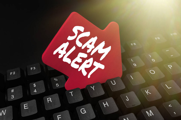 Teken met Scam Alert. Woord voor frauduleus geld te verkrijgen van het slachtoffer door hem te overtuigen Abstract Online Typing Wedstrijd, Het creëren van Grappige Online Boek Ideeën - Foto, afbeelding
