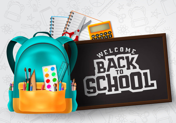 Welcome back to school vector concept design. Welcome back to school typography in chalkboard space for text with school supplies and education elements in patterned background. Vector illustration.  - Vector, Imagen