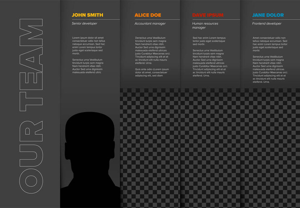 Szablon prezentacji zespołu firmy ze zdjęciami profilowymi i przykładowym tekstem o każdym członku zespołu - ciemna wersja z nazwami członków zespołu kolorów - Wektor, obraz