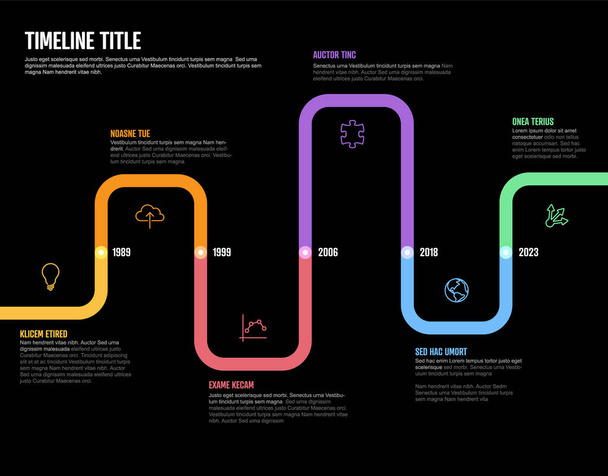Vector Infographic Company Jalons courbes Timeline Template. Modèle de ligne de temps de marqueur épais foncé version avec icônes. Timeline couleur épaisse avec courbes, icônes et contenu texte - Vecteur, image