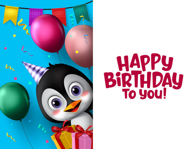 Happy birthday greeting card vector penguin character. Happy birthday text with penguin animal character and party elements of balloons, gifts, hat, pennants and confetti with empty space for messages in white background. Vector illustration.    - Вектор, зображення