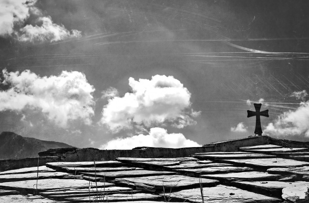 Christian cross on a roof BW - Photo, Image