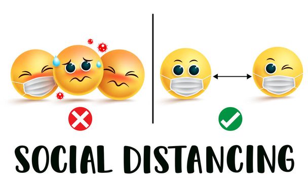 Smiley emojis signo de vector de distanciamiento social. Instrucción de advertencia de texto de distanciamiento social con emoji o emoticono en dos escenarios de distancia para la prevención del coronavirus covid-19. Ilustración vectorial. - Vector, imagen