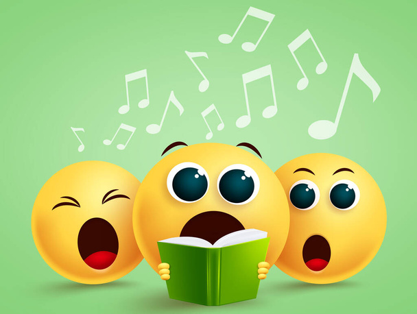 Смилейские эмодзи, поющие хором. Эмодзи с желтыми смешными лицами, держащими книгу песен, поющую в хоре. Векторная иллюстрация. - Вектор,изображение