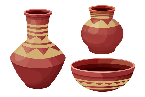 Set de maceta africana, jarrón de cerámica, artefacto tribal artesanal en estilo de dibujos animados aislados sobre fondo blanco. Ánfora de colección de arcilla,  - Vector, imagen