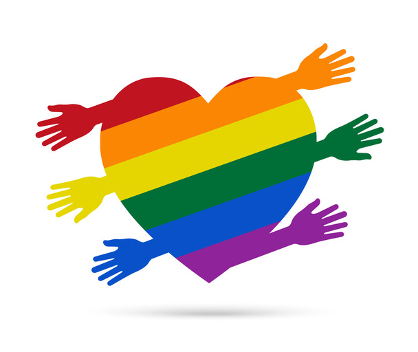 Gay flag in the form of heart with colored hands - Vector, Image