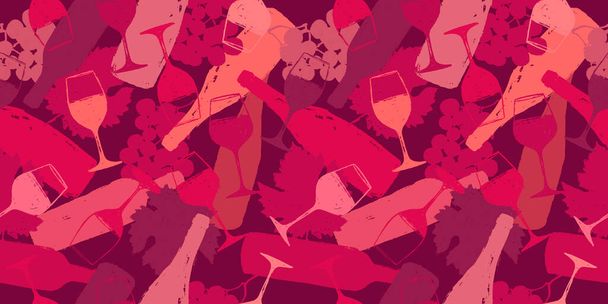 illustrazione di sfondo per i disegni di vino. Disegno fatto a mano di bicchieri di vino, bottiglie, uva e foglia di vite. Colore del vino rosso. Sfondo per banner web, fondali, copertine, presentazioni. Vettore - Vettoriali, immagini
