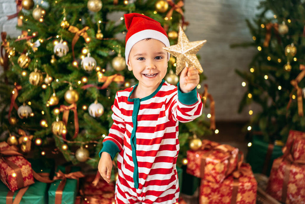 ένα μικρό χαρούμενο αγόρι κρατά ένα αστέρι από ένα χριστουγεννιάτικο δέντρο στα χέρια του, μια ιδέα διακοπών. - Φωτογραφία, εικόνα