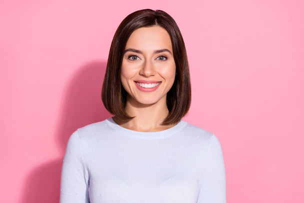 Photo of charming pretty young lady dressed white jumper smiling isolated pink color background - Φωτογραφία, εικόνα