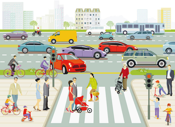 Місто з пішоходами та дорожнім рухом, ілюстрація
 - Вектор, зображення
